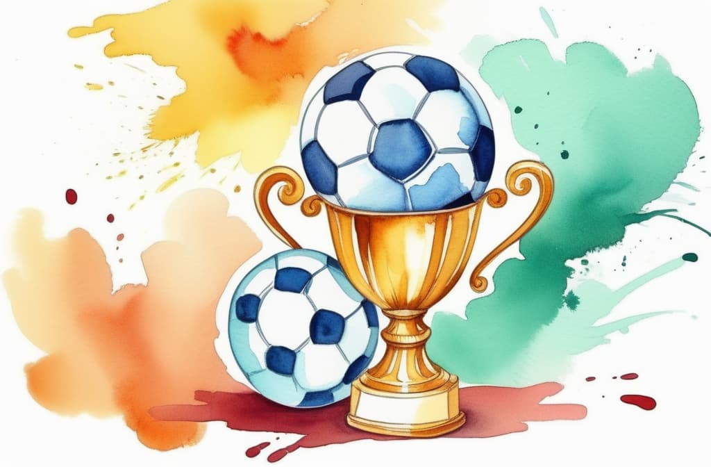  Create artwork Soccer ball and golden cup. World championship cup, football match. Achieve and competition victory. Sport bet. Watercolor illustration for design banner, poster, card with copy space ar 3:1 ar 3:2 using watercolor techniques, featuring fluid colors, subtle gradients, transparency associated with watercolor art