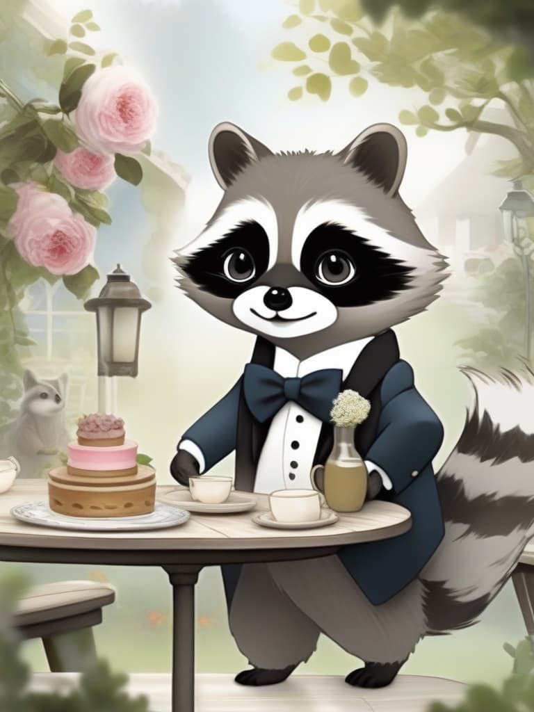  (wearing tuxedo,super cute raccoon butler: 1.4),garden with roses in bloom,garden table,afternoon tea stand,(super cute raccoon butler serving),