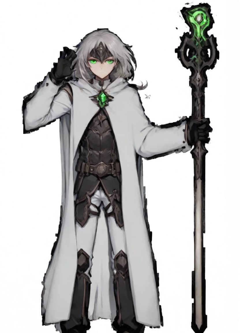  anime artwork human , white cape , green eyes, brown with white hair , black lether armor, white pants, black gloves, . anime style, key visual, vibrant, studio anime, highly detailed, on parchment