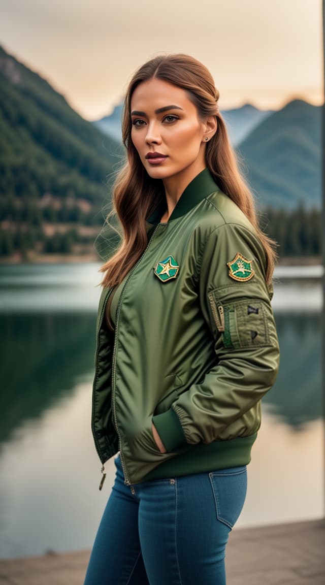  (((wearing green air force suit with camouflage bomber jacket and pockets))), (((realistic entire body back left angle view photo))), ((({light beige to medium tan} skin tone woman))), sigrid jessica zimmermann, ((caucasian heritage)), (long hair style),((red hair color)),immature face, hazel eye color, ((athletic body type)), medium boob size, small athletic, (immature small straight nose), (immature defined cheekbones), (immature soft jawline), (immature medium lips), (immature high forehead), (immature perfect symmetry), (immature dimpled chin), standing with feet together, serene lake in background, 1girl, best quality, highest quality, award winning photo, masterpiece, raw, professional photography, photorealism, sharp focus, cinematic hyperrealistic, full body, detailed clothing, highly detailed, cinematic lighting, stunningly beautiful, intricate, sharp focus, f/1. 8, 85mm, (centered image composition), (professionally color graded), ((bright soft diffused light)), volumetric fog, trending on instagram, trending on tumblr, HDR 4K, 8K