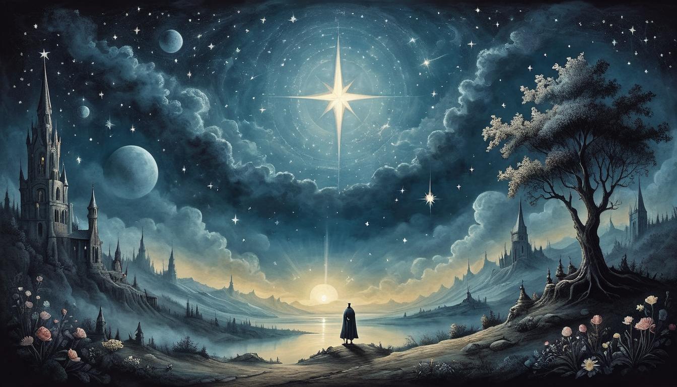  on parchment, surrealism+++, a bright star shining in a vast, dark sky, everlasting presence, immovable and unforgettable(mysterious, provocative, symbolic,muted color)+++