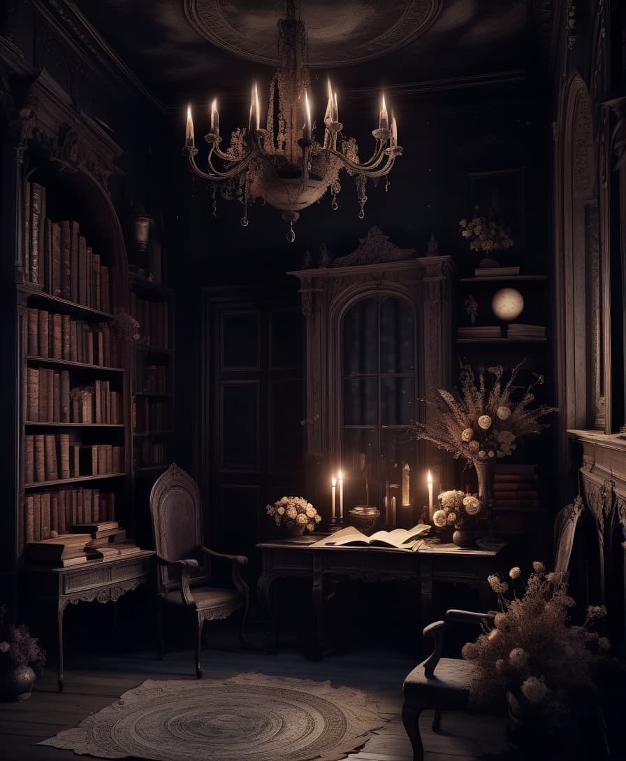  gothic style the dark room. wooden furniture in classic style. dried flowers. old books. burns. web and dust. no lighting. the moon outside . dark, mysterious, haunting, dramatic, ornate, detailed