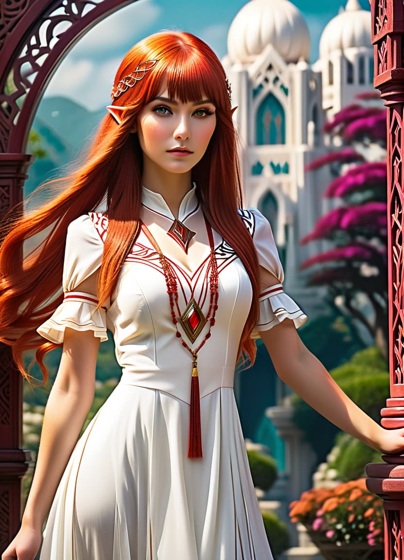  art deco style genazi air, age girl stands full length, perfect skin, long hair, flat bangs, elven ears, scarlet long hair, air magician, sorcerer, , white dress, small , fully body, slim legs, show fullness all body with legs, 8k,hdr, masterpiece, hyperrealisme, extreme detalied, . geometric shapes, bold colors, luxurious, elegant, decorative, symmetrical, ornate, detailed, perfecteyes