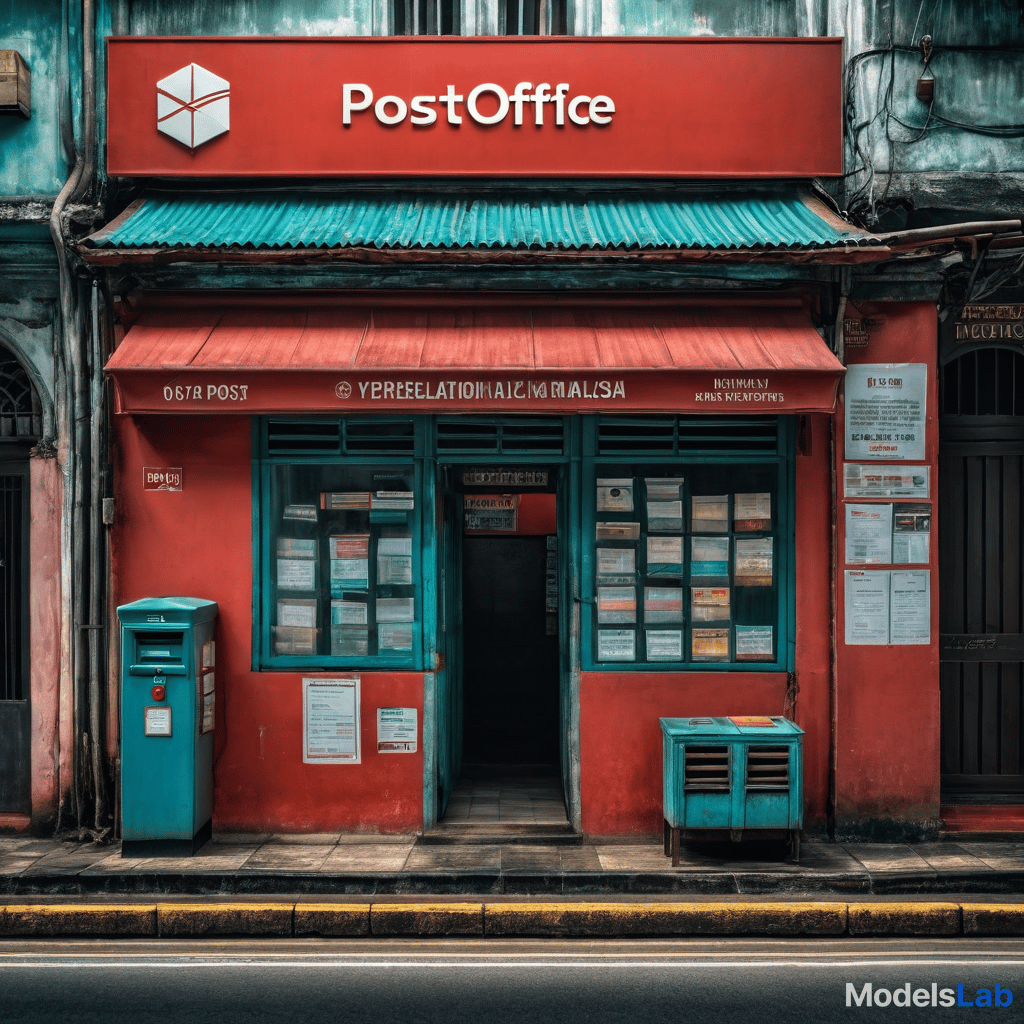  a post office in malaysia  hyperrealistic, full body, detailed clothing, highly detailed, cinematic lighting, stunningly beautiful, intricate, sharp focus, f/1. 8, 85mm, (centered image composition), (professionally color graded), ((bright soft diffused light)), volumetric fog, trending on instagram, trending on tumblr, HDR 4K, 8K