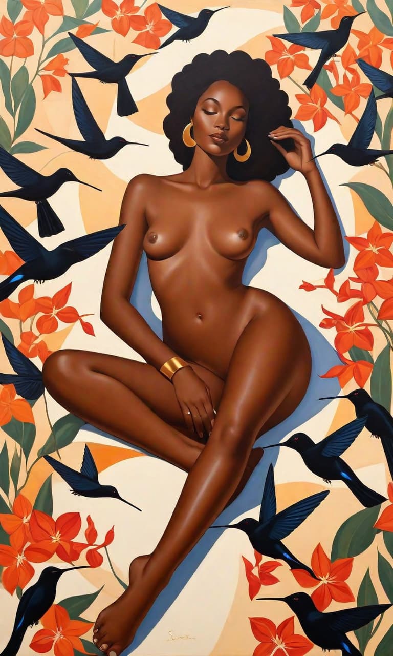  minimalism, painting of a beautiful black woman. she lays, surrounded by hummingbirds and trumpet flowers. naked. she has brown legs. she has brown feet. she is in a divine pose., abstract, simple geometic shapes, hard edges, sleek contours, minimalism