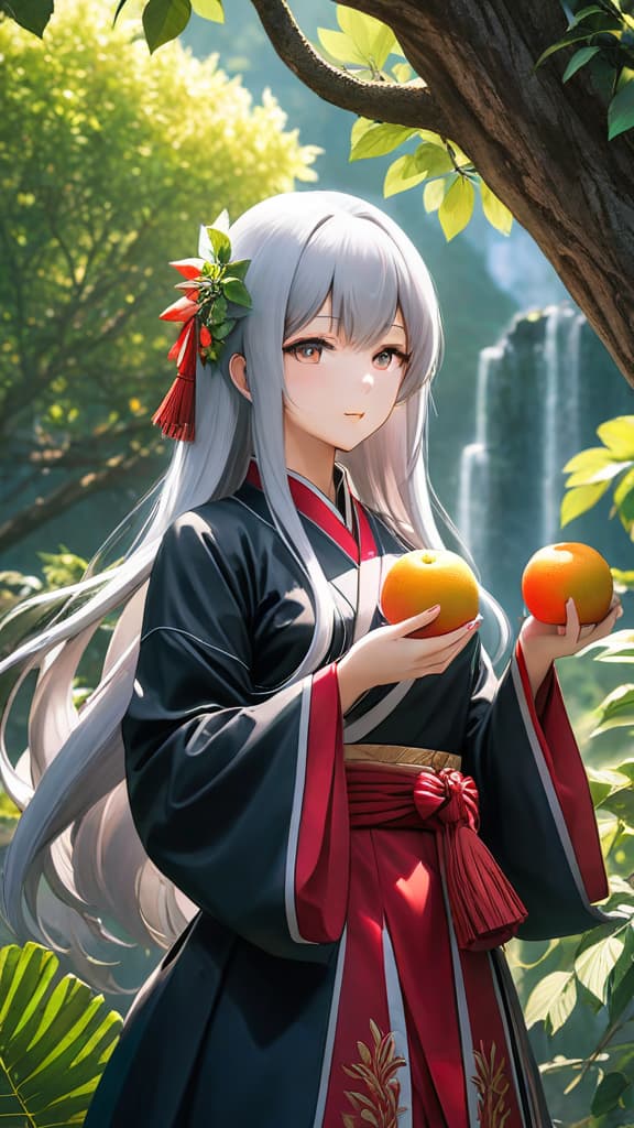  anime art: kaguya otsutsuki consuming the god tree's fruit, becoming the progenitor of chakra on earth. hyperrealistic, full body, detailed clothing, highly detailed, cinematic lighting, stunningly beautiful, intricate, sharp focus, f/1. 8, 85mm, (centered image composition), (professionally color graded), ((bright soft diffused light)), volumetric fog, trending on instagram, trending on tumblr, HDR 4K, 8K