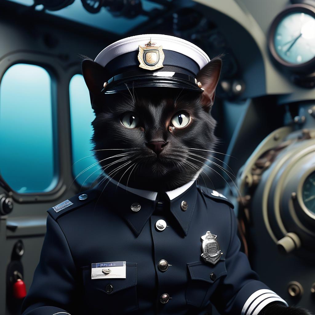  furry black cat officer, in a white cap, in a submarine