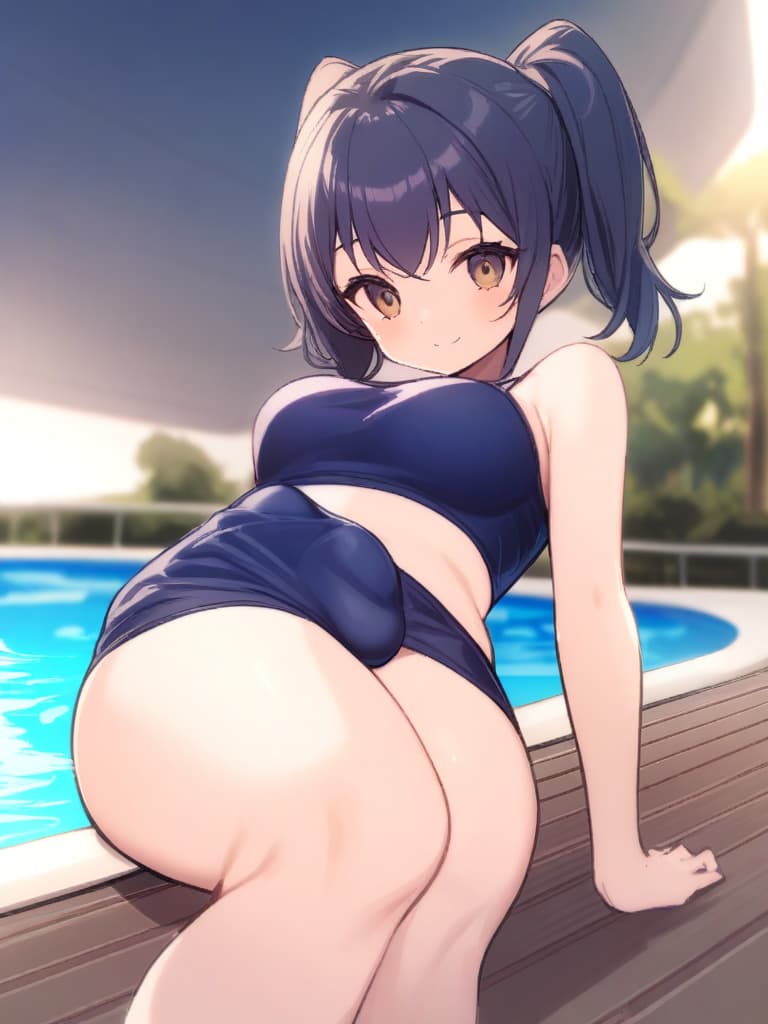  women's elementary students (male), twin tails, cute smiles, (rich s), low stature, dark blue swimwear, old swimwear, , simple (upward), male , (bulge), shaped clear , front , whole body, pool side,