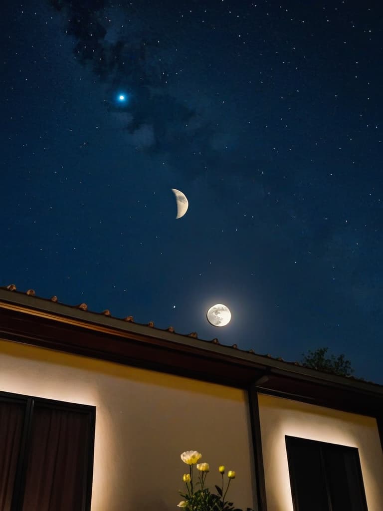  show trees and flowers in the night with two moons