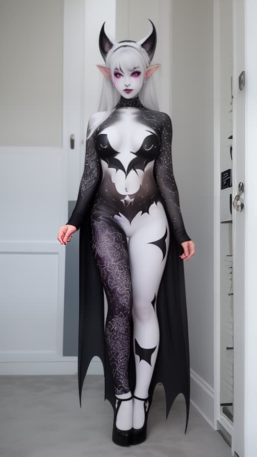  White and Blark bat pattern body paint in every corner of the body, Black body paint all over the body, Grey face paint on the face, Two dark elfs, full body image 女性