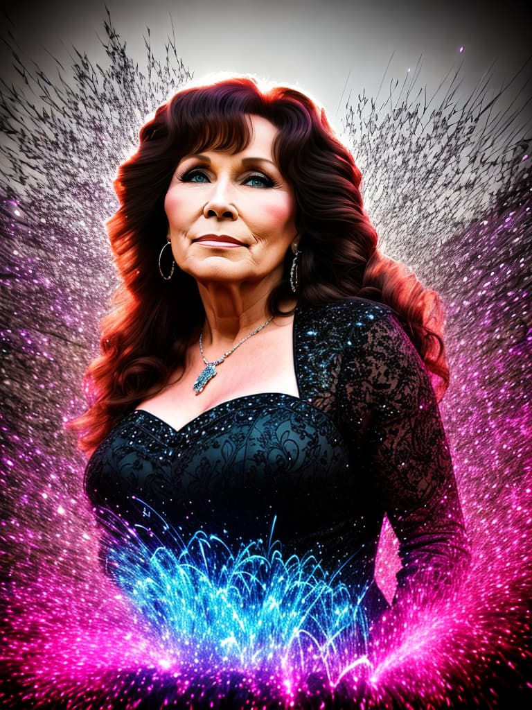  Singer Loretta Lynn, medium shot, upper body, spotlight, long exposure lighting, street art style spray paint, glamour lighting