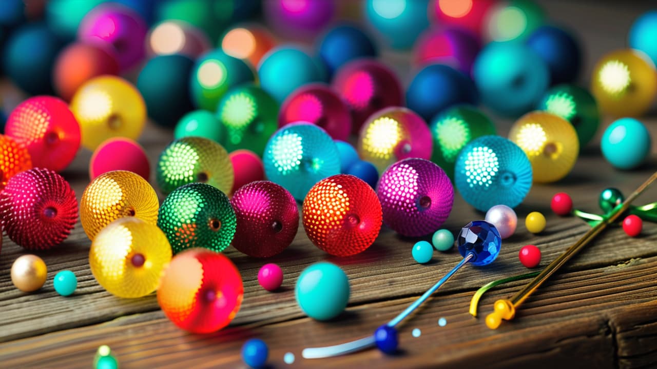  a close up of colorful beadwork in various patterns, with sparkling beads reflecting light. surrounding the beads are tools like needles and threads, set on a textured wooden table. the scene is warm and inviting. hyperrealistic, full body, detailed clothing, highly detailed, cinematic lighting, stunningly beautiful, intricate, sharp focus, f/1. 8, 85mm, (centered image composition), (professionally color graded), ((bright soft diffused light)), volumetric fog, trending on instagram, trending on tumblr, HDR 4K, 8K