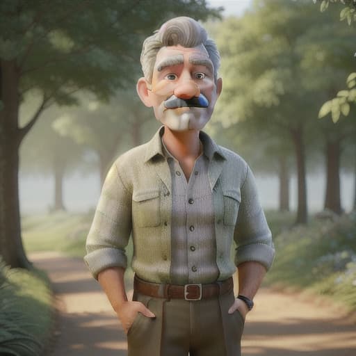  Cartoon image a high-resolution photograph capturing a middle-aged man standing outdoors. The man has short, gray hair and a mustache, and he is wearing a traditional, light beige, long-sleeved shirt with a high collar, paired with a matching, knee-length skirt. His shirt has a subtle, blue and white checkered pattern. In the background, lush green foliage and trees create a natural, verdant setting, with sunlight filtering through the leaves, casting a soft, dappled light on the scene. To the left of the man . The overall atmosphere suggests a rural, agricultural setting. The man's expression is one of pride and satisfaction, as if he is showcasing the fruits of his labor. The photograph is rich in detail , as well as the intricate pattern hyperrealistic, full body, detailed clothing, highly detailed, cinematic lighting, stunningly beautiful, intricate, sharp focus, f/1. 8, 85mm, (centered image composition), (professionally color graded), ((bright soft diffused light)), volumetric fog, trending on instagram, trending on tumblr, HDR 4K, 8K