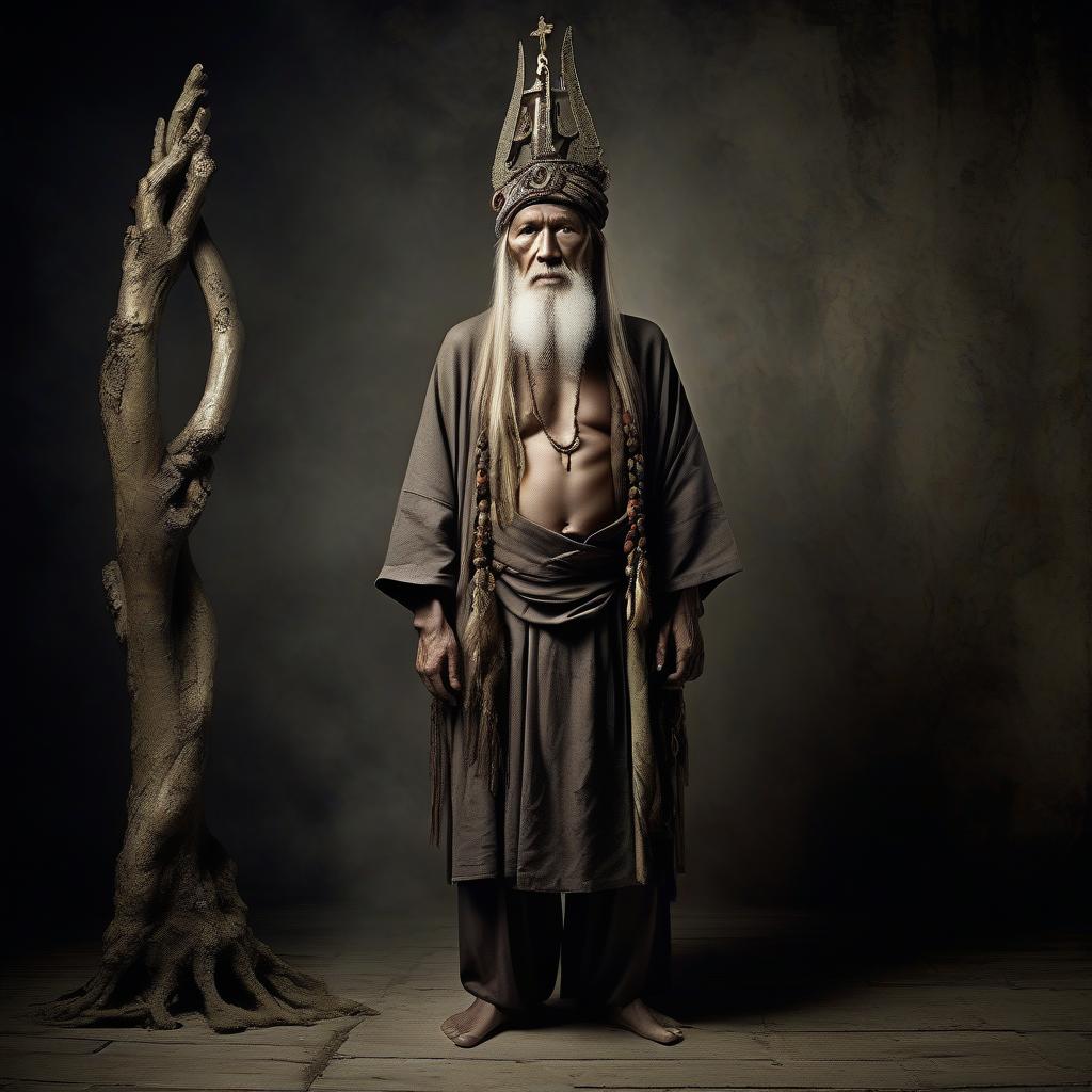  visualization of religion as a person, full height, characteristic of religion posture, characteristic of religion physique, characteristic of religion facial expression, characteristic of religion hairstyle, characteristic of religion clothing, male character, shaman, hermit, old age, mystery, gloom, impressive appearance