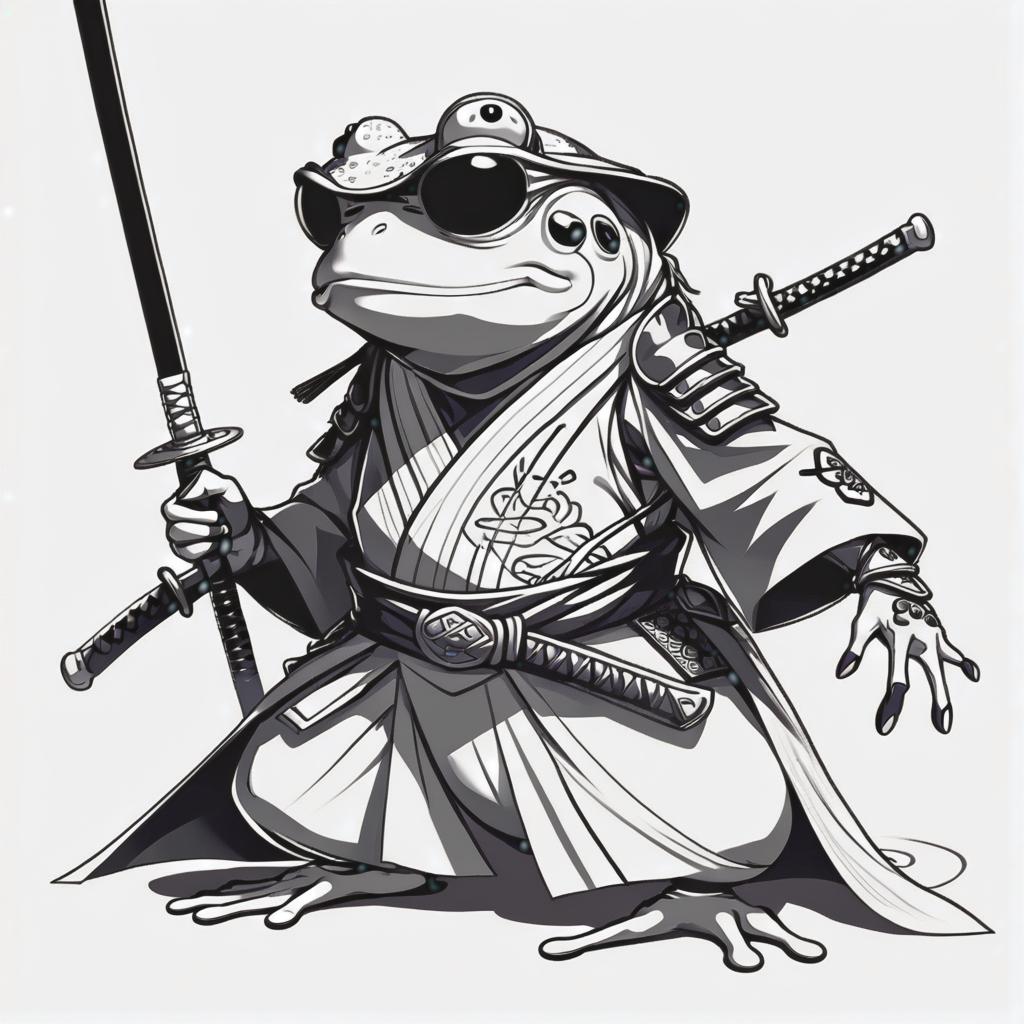  line art drawing frog samurai, same nightmare. anime style . professional, sleek, modern, minimalist, graphic, line art, vector graphics