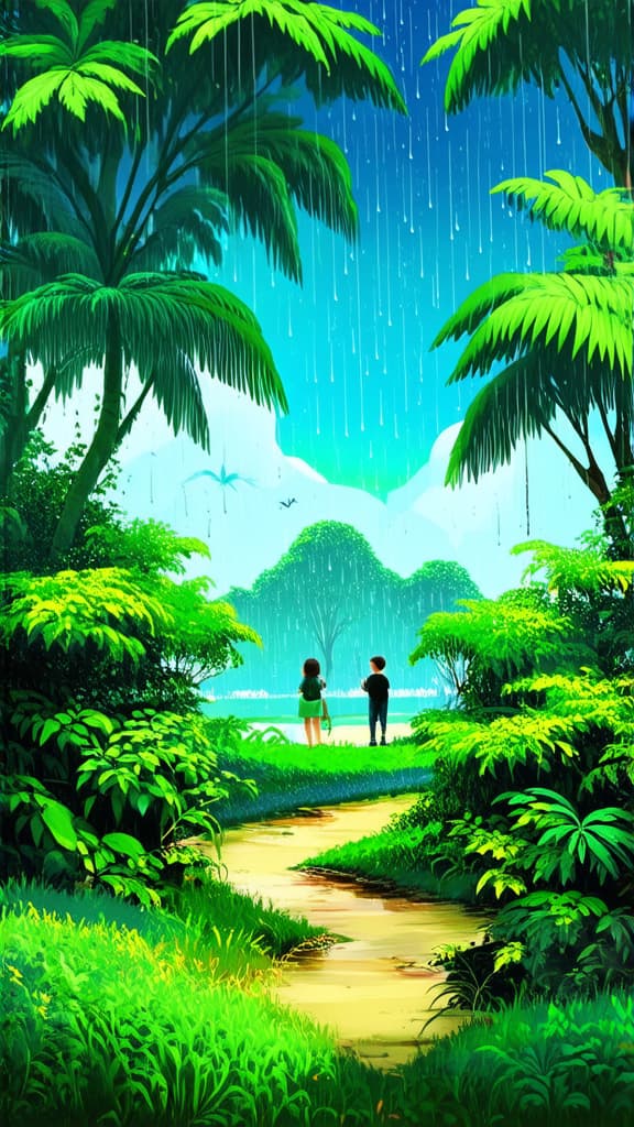  flat illustration, flaticon, (illustration:1.15), jungle landscape, raindrops, lots of greenery ar 9:16, [cory loftis, strobist, pascal campion :: 0.2]