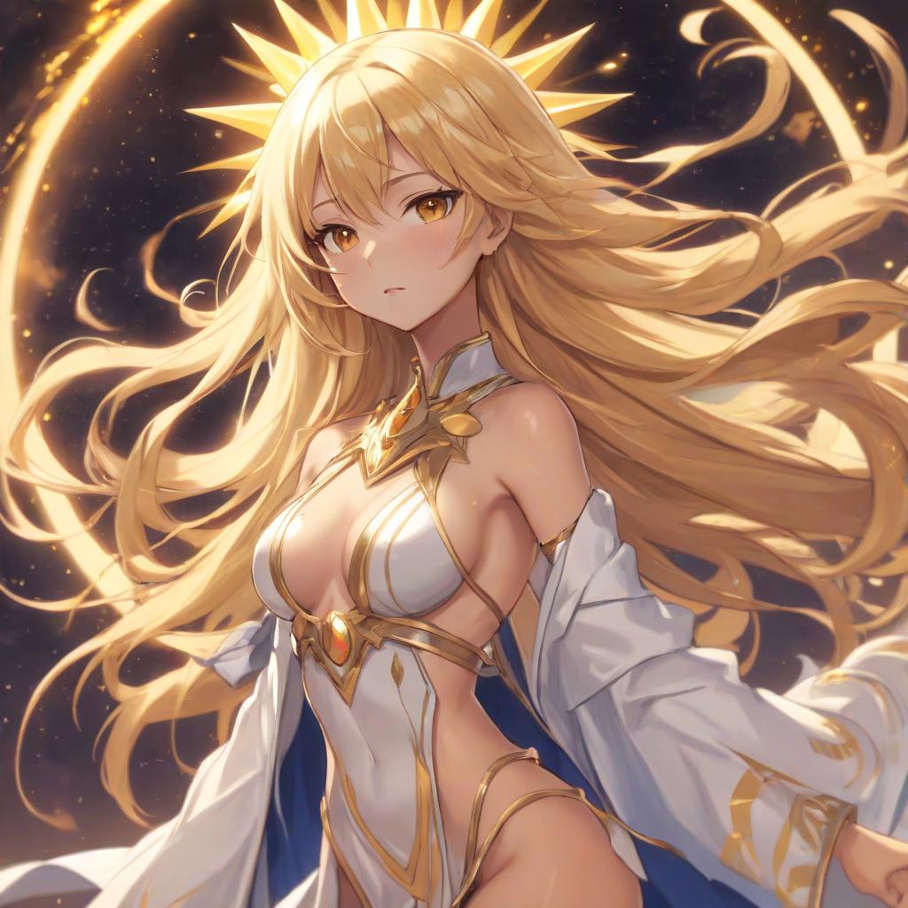  astral robe, girl, sun goddess, golden hair, tanned skin, anime, adult girl