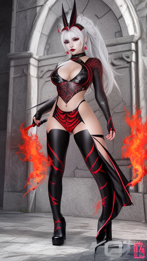  Full body red and Black flame pattern body paint, Silver body paint on the whole body, Silver face paint on the face, Dark elf 女性