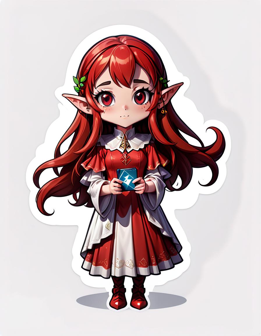  cute young elf magician, in a red dress, holding a video card, with long red hair, cartoon sticker style with clear lines on a pure white background, suitable for video games, civitai, sticker