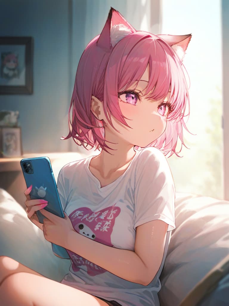  a girl with pink hair with a cat ears shines pink and is wearing a t shirt, masterpiece, best quality,8k,ultra detailed,high resolution,an extremely delicate and beautiful,hyper detail