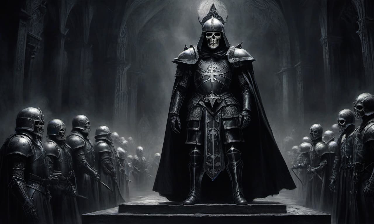  horror themed draw in black white style. the legion of the sons of night, an elite unit of knights, in a black dark universe of horrors, in iron armor with black cloaks, on their shoulder pads on the left is an engraved iron lion, and on the right is a white iron cross, their helmet slightly resembles images of an iron skull. several of these knights stand in a circle, in a black temple. . eerie, unsettling, dark, spooky, suspenseful, grim, highly detailed