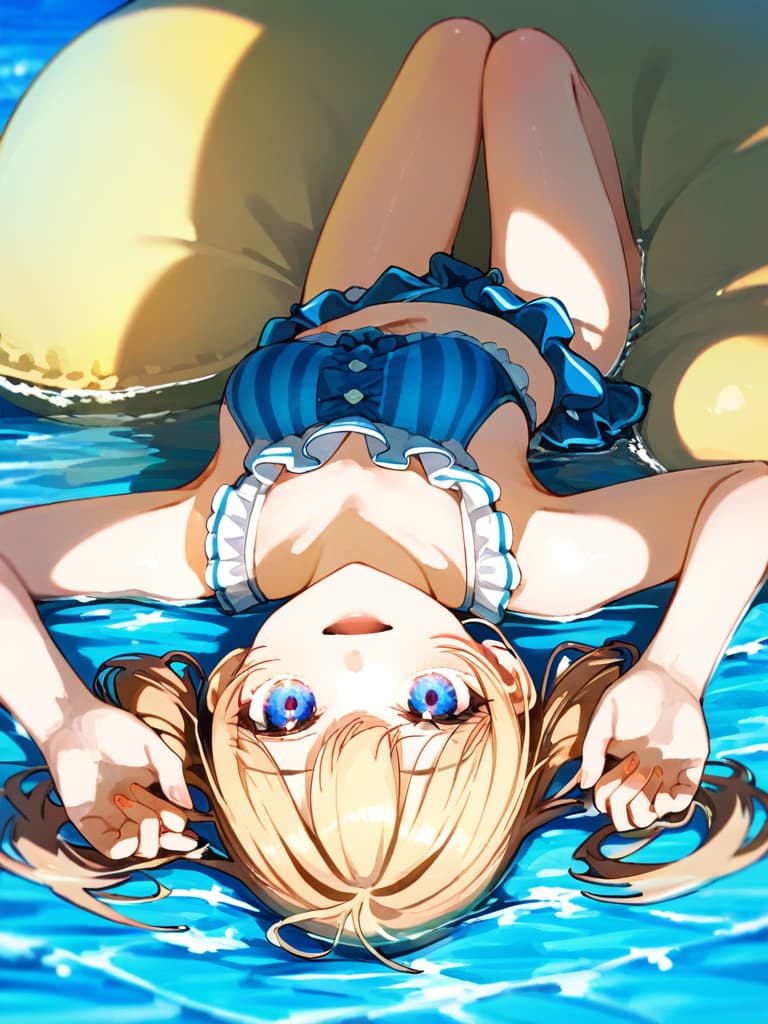  ultra detailed:1.2,masterpiece:1.2,best quality,masterpiece,bestquality,hdr:1.1,8k:1.1,very cute girl:1.3,(blue color,frill ,swimwear:1.6),(lying,at striped float bed on sea:1.8) ,smile:1.4 ,(blonde hair,twin tail,drill hair:1.3) ,(on the sea:1.7),cowboy shot:1.3,dutch angel:1.5,open mouth,(upside down:1.7)(from above:1.1)((eyes highlight:1.1))