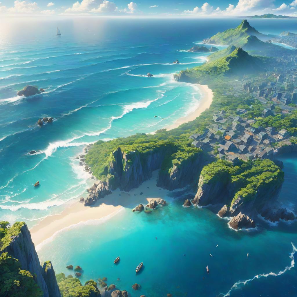  anime artwork landscape. a bird's eye view of the ocean . anime style, key visual, vibrant, studio anime, highly detailed, hkmagic hyperrealistic, full body, detailed clothing, highly detailed, cinematic lighting, stunningly beautiful, intricate, sharp focus, f/1. 8, 85mm, (centered image composition), (professionally color graded), ((bright soft diffused light)), volumetric fog, trending on instagram, trending on tumblr, HDR 4K, 8K