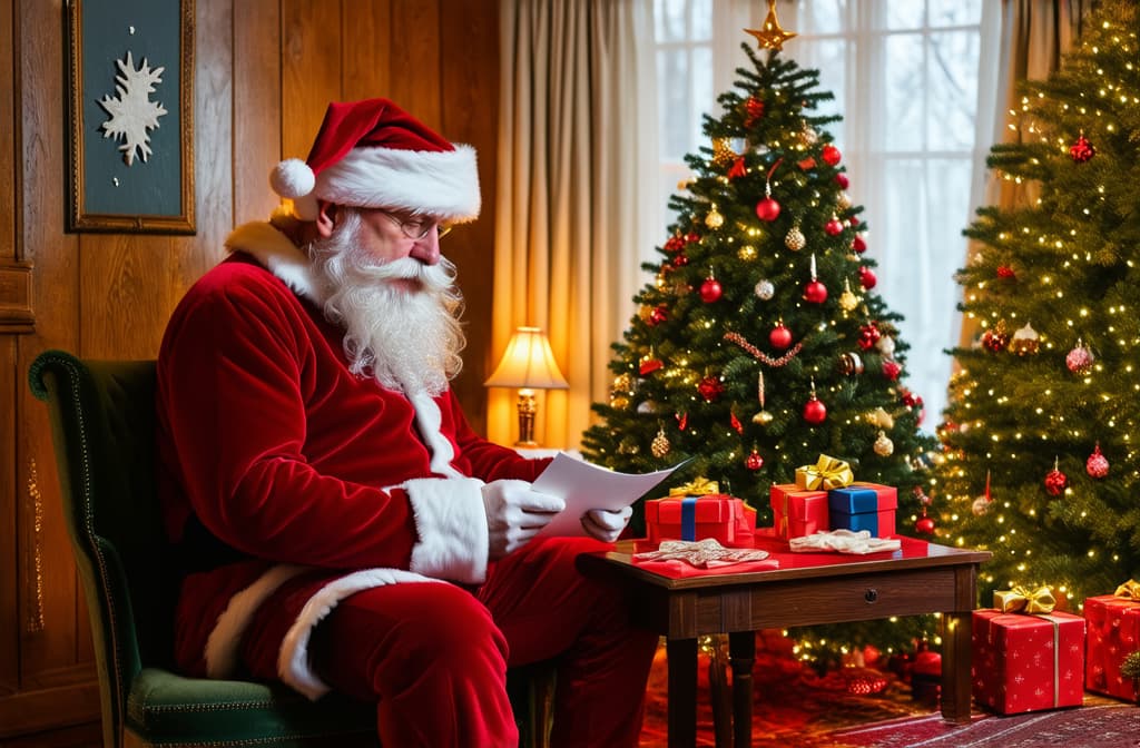  professional detailed photography, santa claus reading a letter in a cozy old room with a christmas tree decorated for christmas and a table with gifts ar 3:2, (muted colors, dim colors, soothing tones), (vsco:0.3)