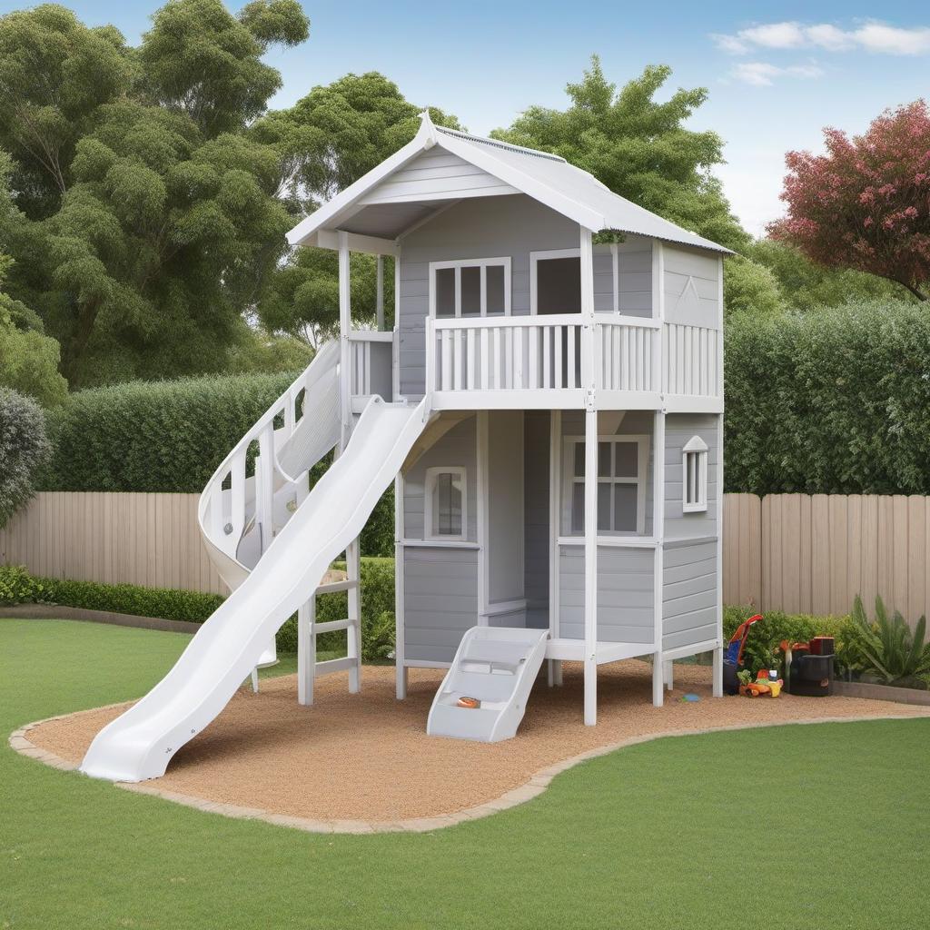  small cubby house on stilts, slide off right, white with light grey trim, verandah, stairs at front. sandpit to left on ground, park kids cars under, profile image style