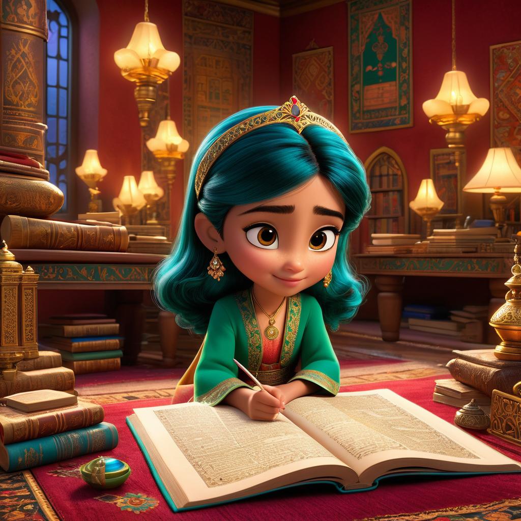  in 3d animated movie style. disney pixar style. a young , laila, 10 , wearing regal persian attire with intricate designs and gold accents. she exudes courage, intelligence, kindness, and determination. laila is deep in thought, surrounded by ancient persian texts, scrolls, and historical artifacts in a richly decorated study room with ornate rugs. the setting features rich gold, deep reds, and emerald greens, illuminated by soft, warm lights. high resolution pixar 3d animated film style with detailed rendering. bird's eye view emphasizing laila's focused expression as she reads scrolls, showcasing the grandeur of the persian inspired study room.