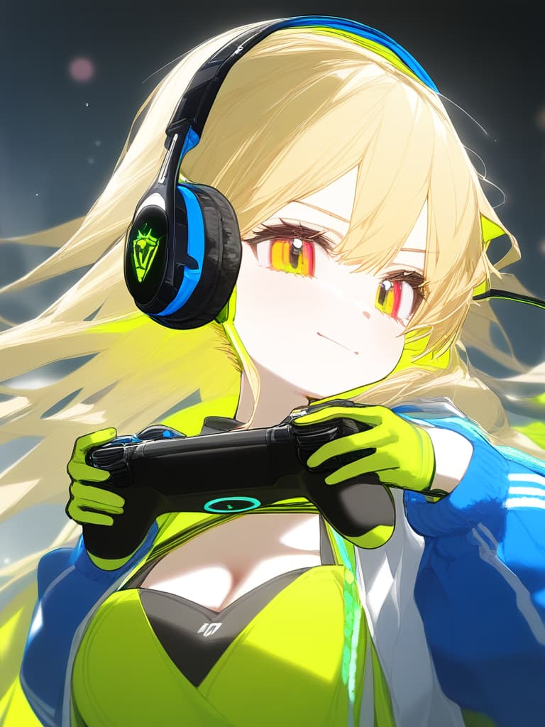  ,(1girl:1.5)(blond hair:2.0)( headphones🎧:2.0)(holding game controller🎮:2.0)( neon color:2.0)high quality,16k,cute face,neon yellow eyes