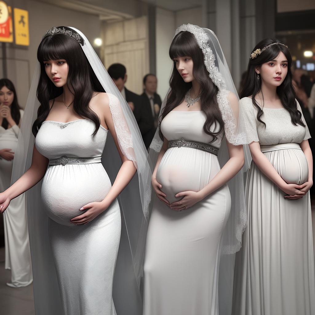  masterpiece, best quality, A 27-years-old almond skin wavy black hair bride in a white maternity gown with a long veil stands next to two women. One woman is an 20-years-old almond skin messy bun brown hair in a white maternity dress with with a red sash and red floral accents at the bottom, and the other is an 18-years-old beige skin bangs black hair in a black-and-white "ZE" patterned maternity dress. They are all in a room with a in board. Looking at the camera, Best quality, masterpiece, 8k resolution, realistic, highly detailed, close up of Iron Man. In a cyberpunk-style night scene of the city, he stands on a street lined with tall buildings. The city's night lights are bright, The surrounding b