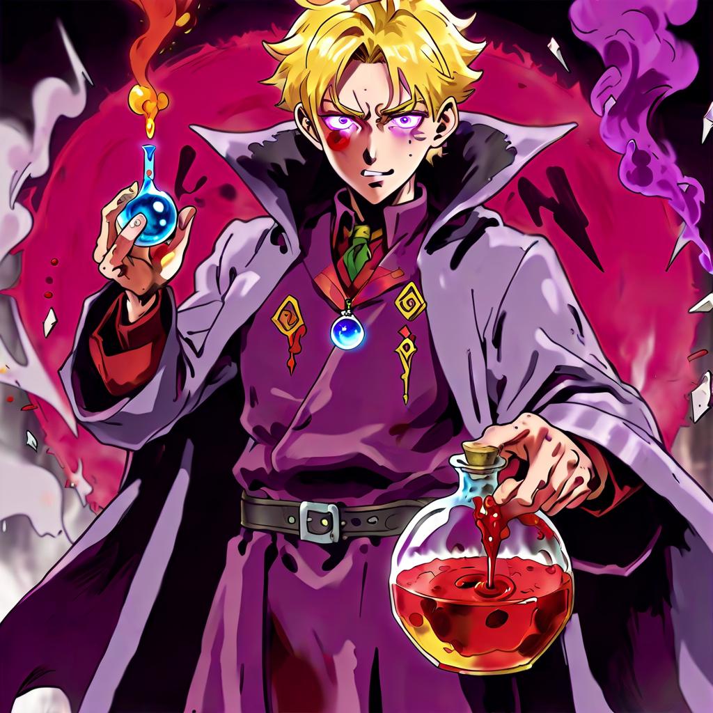  anime artwork the guy's eyes are gray blue, hair is blond, stands in a gray robe of a magician, rainbow potions on his belt, a bunch of f 1 grenades is thrown over his shoulder, in his hands he holds a potion of purple color inside which an eyeball floats and looks at the screen. there's an alchemical stand in the background, and there's a cauldron of red smoke coming out. his face is oval, his eye in the potion is yellow with a vertical pupil, his facial expression is pensive and his eyes look at the potion. . anime style, key visual, vibrant, studio anime, highly detailed, hkmagic