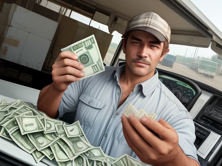  the truck driver holds a wad of money in his hands