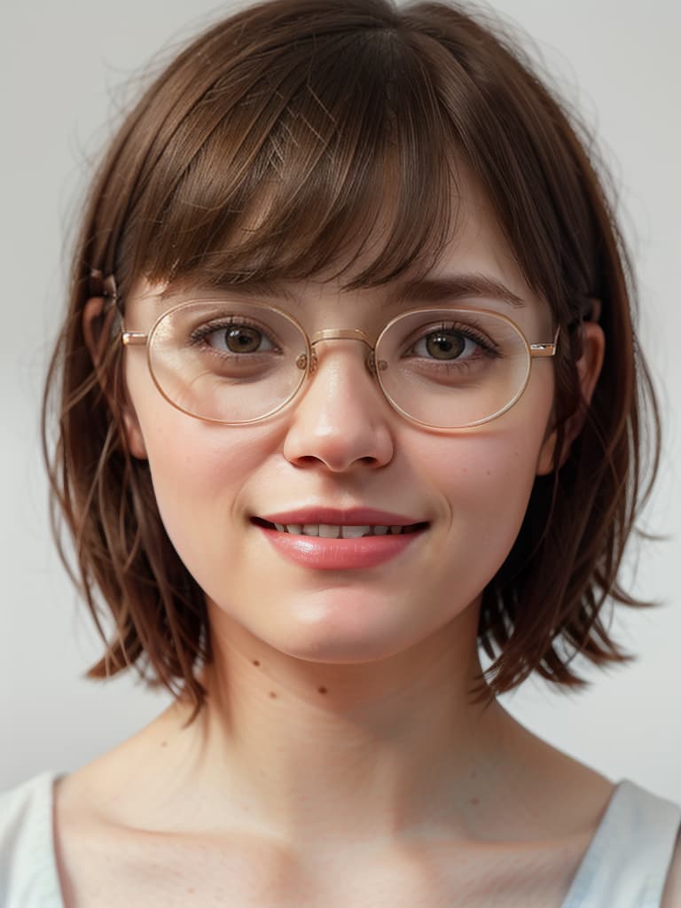  wearing glasses, thin eyes, 1 person, white background, brown hair, smile, bangs, short hair, masterpiece, best quality,8k,ultra detailed,high resolution,an extremely delicate and beautiful,hyper detail