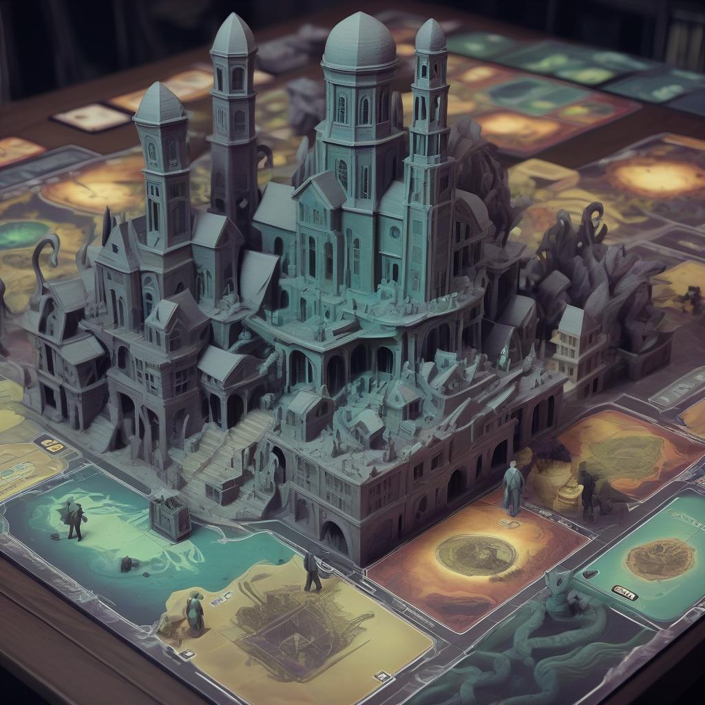  lovecraftian horror design, board game, hex, city, apocalypse, ruins, howard lovecraft, stylized image, comic . eldritch, cosmic horror, unknown, mysterious, surreal, highly detailed