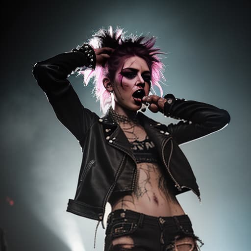  photograph of a fashion model, a punk rocker girl on stage, dressed in a torn leather jacket with studs, ripped jeans, and high top sneakers with bright laces. her face is pale, with sharp features and defined cheekbones, reflecting her inner strength and determination. her eyes are boldly outlined with black eyeliner, with deep dark shadows adding drama. her lips are covered in rich dark lipstick, with a slightly smudged outline that adds a touch of carelessness. her hair is brightly colored, disheveled, and styled in a chaotic yet purposeful mess. she stands on stage, emotionally screaming, expressing rebellion and passion. smoke swirls around her, and the lighting creates dramatic shadows, emphasizing her energetic and defiant presence. 