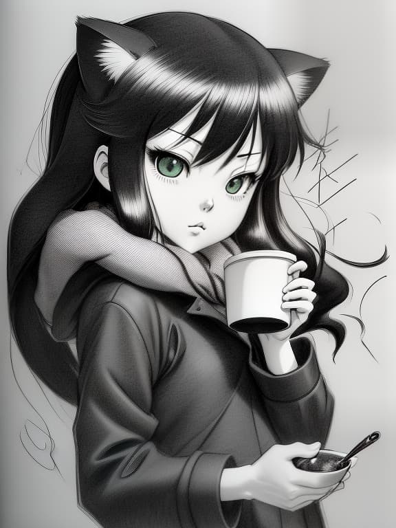  kawai cat girl, mango, anime, in a winter black coat, with fuchsia hair, with green eyes, in the hands of coffee, on a blurred background, (manga style, yusuke murata, satoshi kon, ken sugimori, hiromu arakawa), pencil drawing, (b&w:1.2), low detail, sketch, concept art, anime style, line art, webtoon, manhua, chalk, hand drawn, defined lines, simple shades, simplistic, manga page, minimalistic, high contrast, precision artwork, linear compositions, scalable artwork, digital art, high contrast shadows