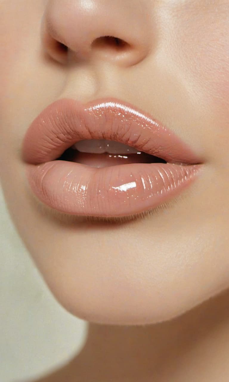  women's lips, beautiful plump lips, lips with lip gloss, lip gloss nudum, lip gloss beige on the lips, film photography style