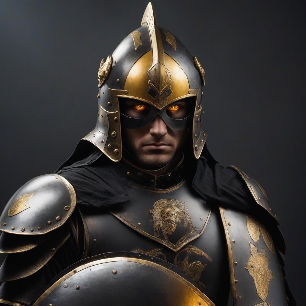  warrior in a helmet with a shield with golden eyes