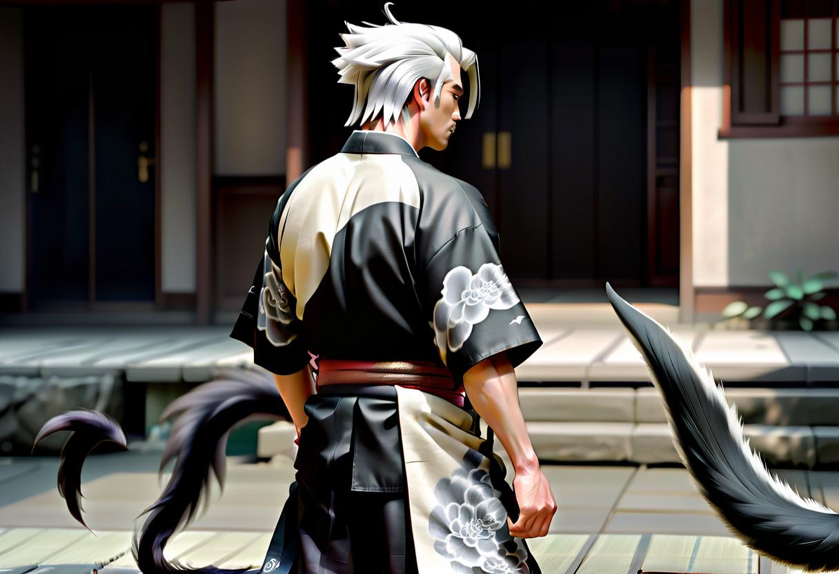  hdr photo of a young man with black white hair in a kimono and nine black tails behind his back . high dynamic range, vivid, rich details, clear shadows and highlights, realistic, intense, enhanced contrast, highly detailed, film photography style