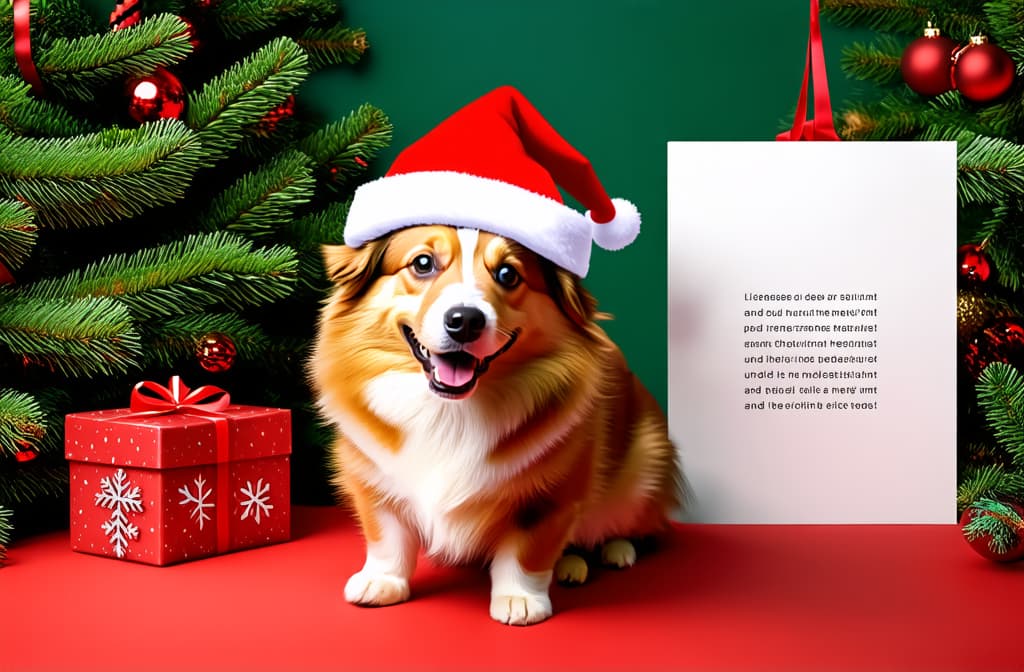  2/3 empty place on left side for text, on right side full body smiling corgy dog in red santa claus hat, christmas background, photorealistic ar 3:2 {prompt}, maximum details