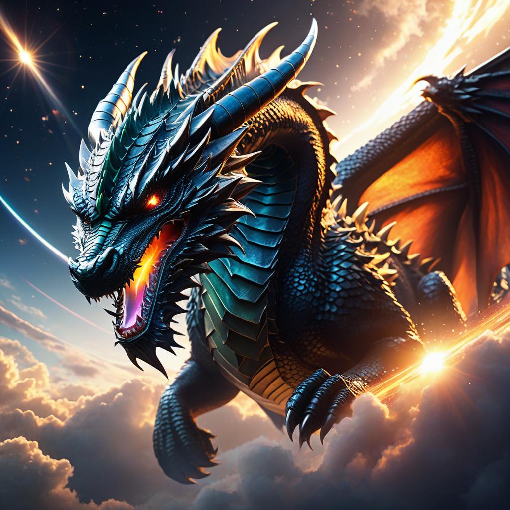  dragon, jumping in the air, space, cinematic lighting, modern, uhd, lens flare photo realistic, highly intricate and detailed, masterpiece, ultra high res,photography,8k resolution