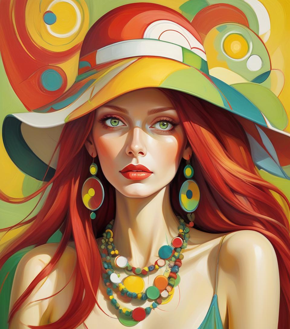  abstract expressionist painting oil painting, beautiful lady in abstract style, long red hair, white bizarre hat with colorful circles, multicolored necklaces, earrings, yellow striped green background abstract vector fractal, wave function, zentangle, 3d shading . energetic brushwork, bold colors, abstract forms, expressive, emotional