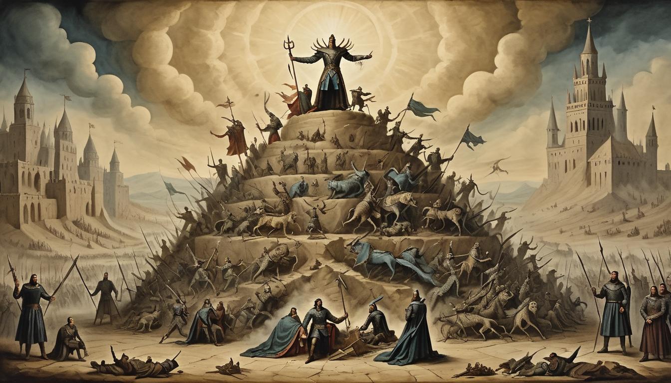  on parchment, surrealism+++, figure standing atop a pile of defeated enemies, radiant aura, triumphant, imposing, victorious stance(mysterious, provocative, symbolic,muted color)+++