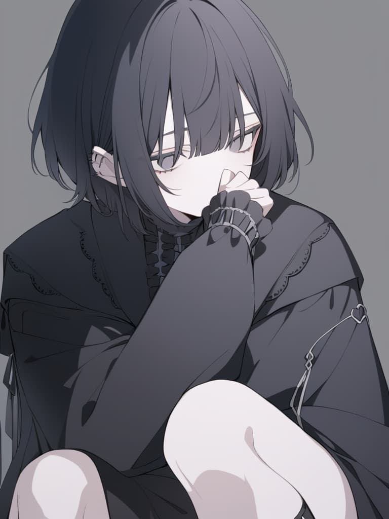  "a male 'jirai kei' character with black hair,wearing dark clothing,covering part of his face with one hand. the character has a mysterious and delicate appearance,with slightly messy short hair,black clothing with subtle silver accessories,and a melancholic expression. no red elements. the background is simple and does not distract from the character's dark,moody aesthetic."