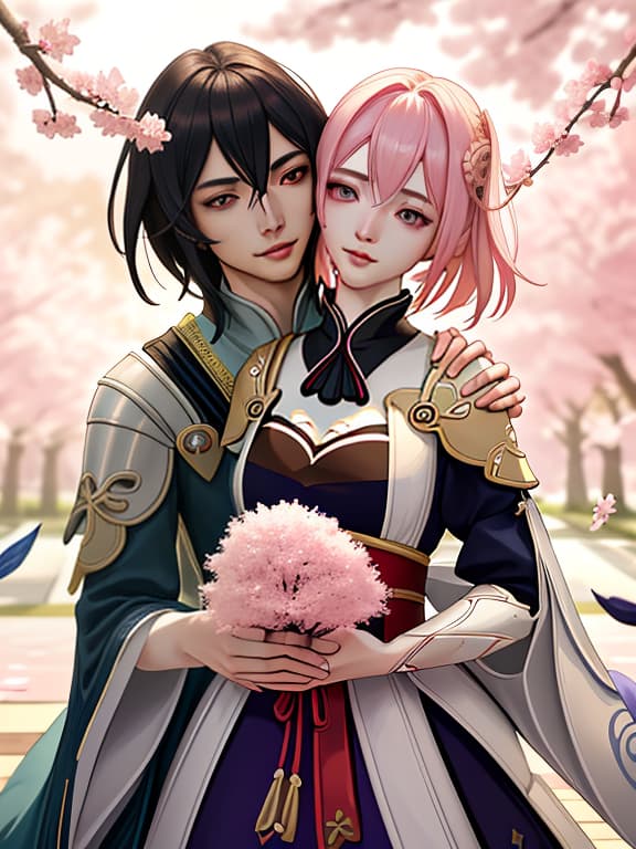  wriothesley with genshin impact and lynette with genshin impact gently kiss, and against the background is a landscape with falling sakura leaves pink, photorealistic, hyperrealistic, hyperdetailed, analog style, demure, detailed skin, pores, smirk, smiling eyes, matte skin, soft lighting, subsurface scattering, realistic, heavy shadow, masterpiece, best quality, ultra realistic, 8k, golden ratio, intricate, high detail, film photography, soft focus