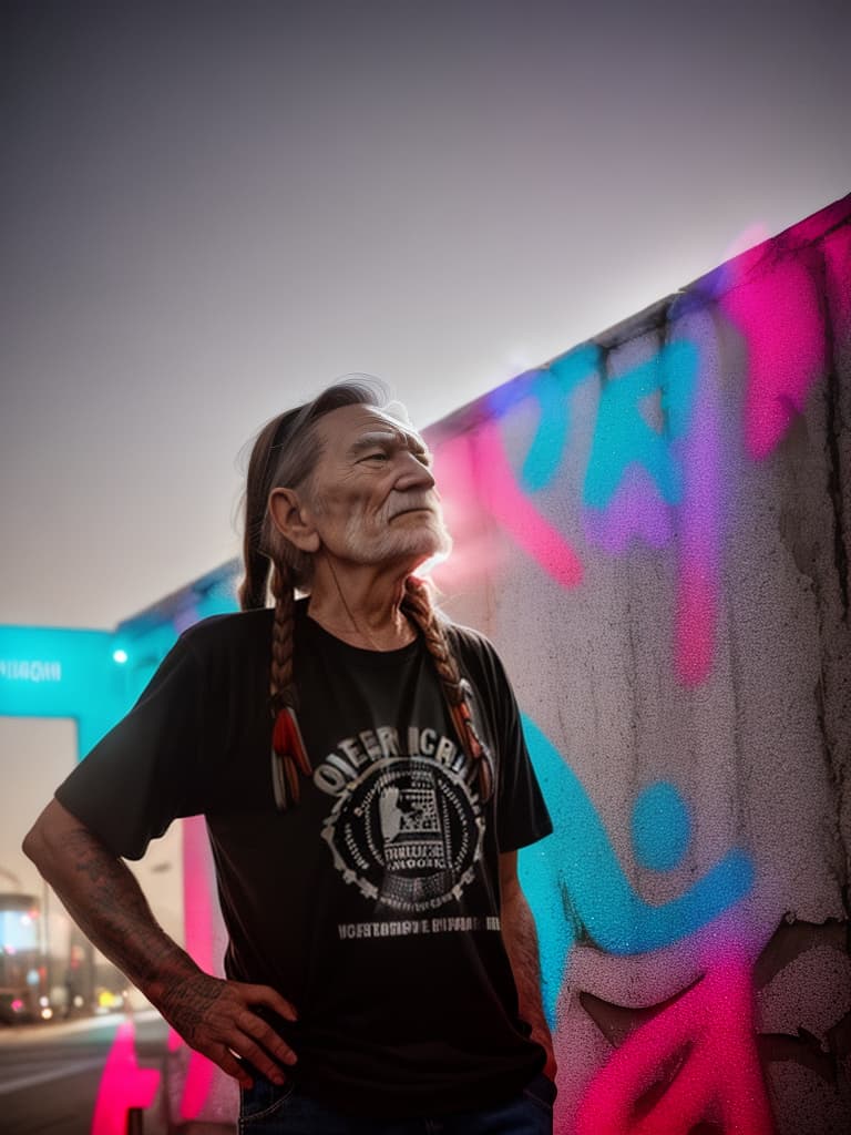  Singer Willie Nelson, medium shot, upper body, spotlight, long exposure lighting, street art style spray paint, glamour lighting