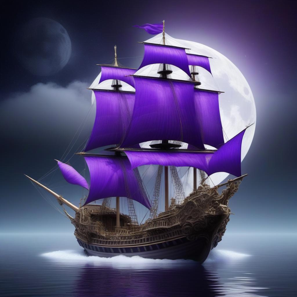  . Crystal translucent ship made of bones, sails in the form of purple irises. Fractals. Moon Renaissance style in symbiosis with Baroque hyperdetalization, hyperrealistic