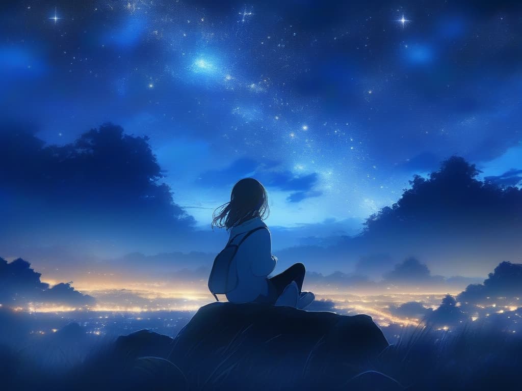  lonely, starry sky, girl, sitting, scenery,